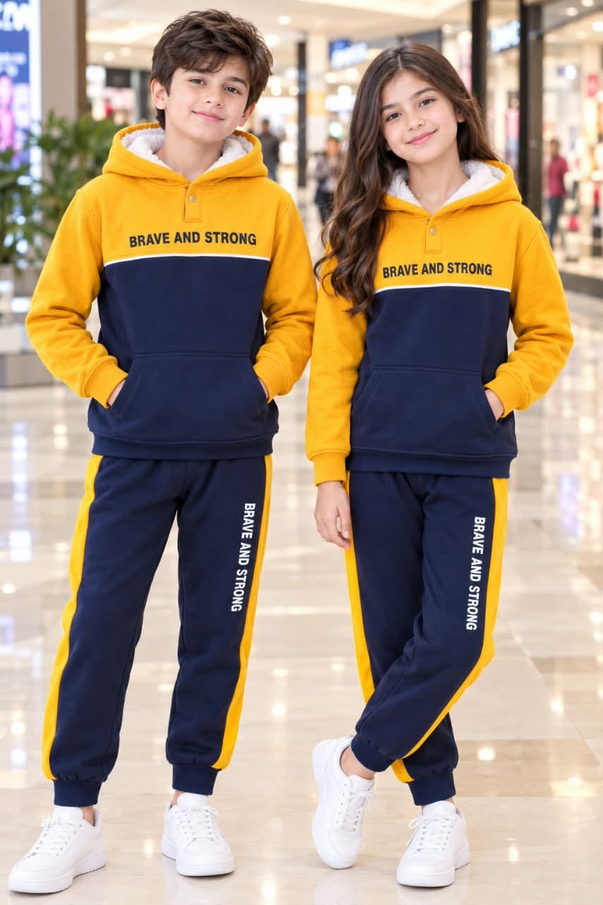 Boys & Girls Cozy Fleece Brave and Strong Colorblock Hoodie Tracksuit Set - Mustard & Navy