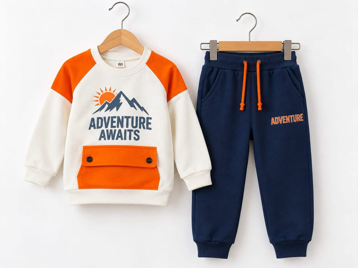 Boys White and Orange Adventure Awaits Sweatshirt Set