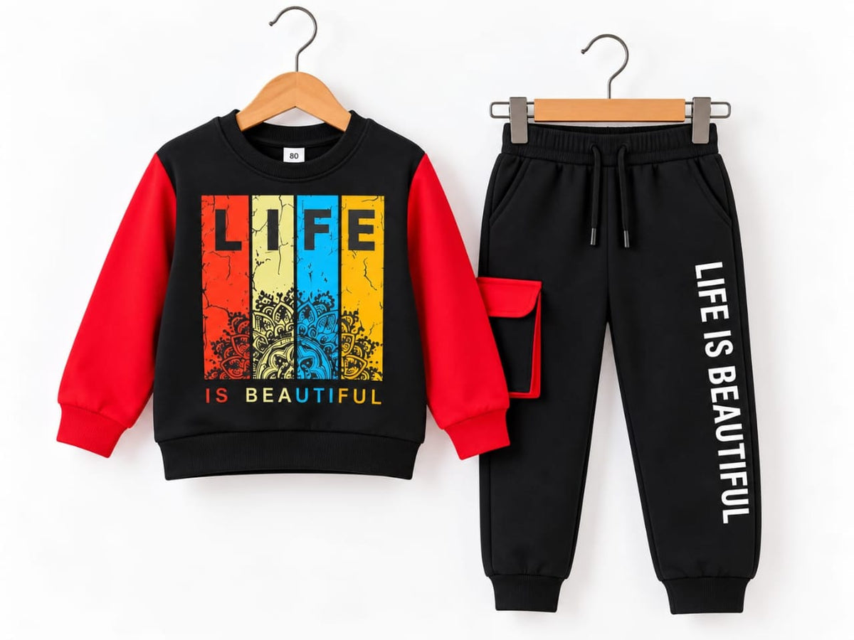 Boys Black and Red Life is Beautiful Sweatshirt Set