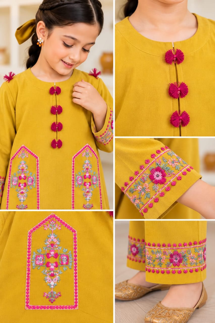 Girls Mustard Embroidered Kurta Set with Capri trouser