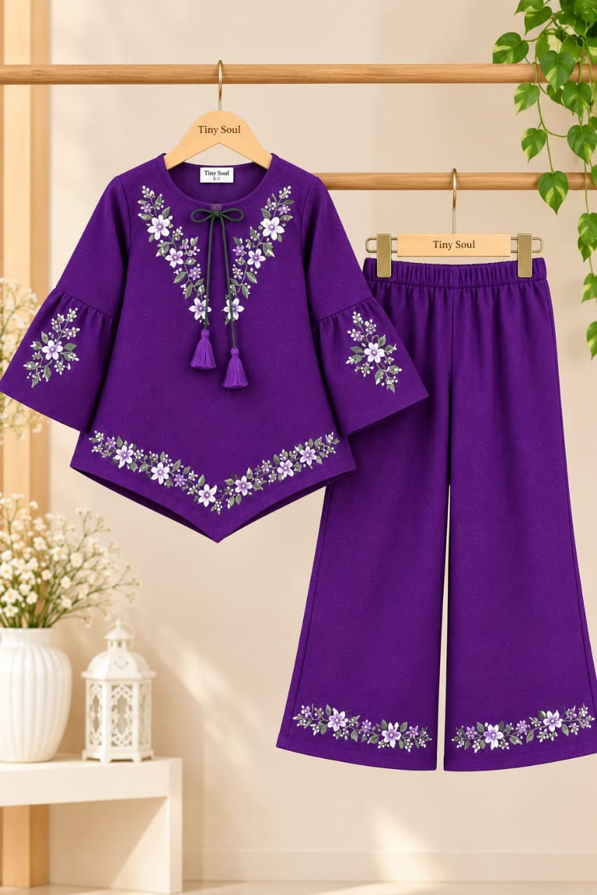 Girls Purple Floral 2-Piece Suit with Wide-Leg trouser