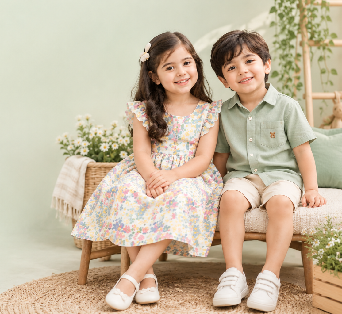 Happy young child wearing stylish kidswear in a warm, softly lit setting