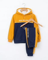 Boys & Girls Cozy Fleece Brave and Strong Colorblock Hoodie Tracksuit Set - Mustard & Navy