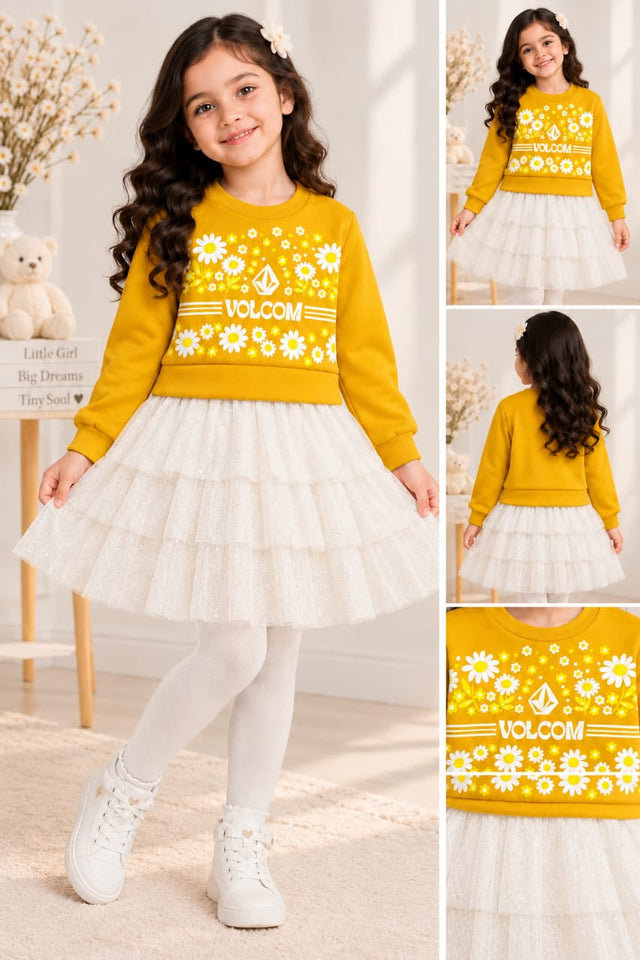 Girls Mustard Daisy Print Fancy Frock with White Tulle Skirt