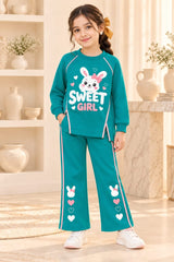 Girls Teal Sweet Girl Bunny Print Tracksuit