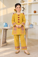 Girls Mustard Embroidered Kurta Set with Capri trouser