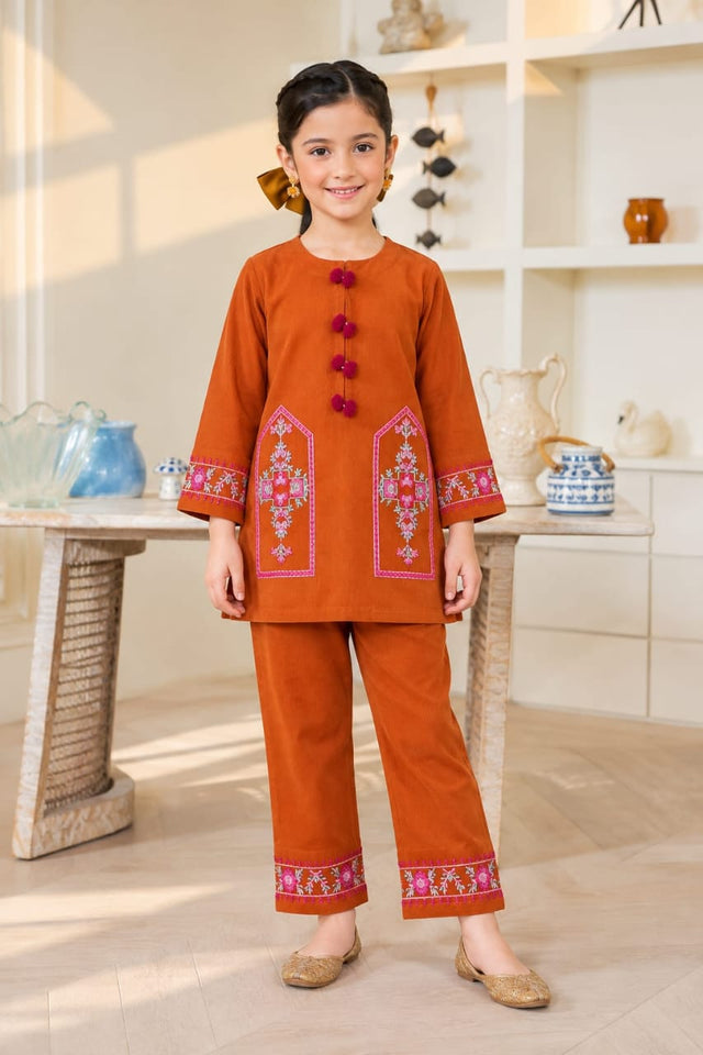 Girls Rust Embroidered Kurta Set with Capri Trouser