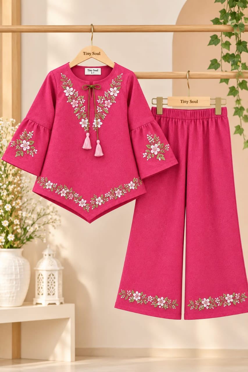 Girls Pink Floral 2-Piece Suit with Wide-Leg trouser