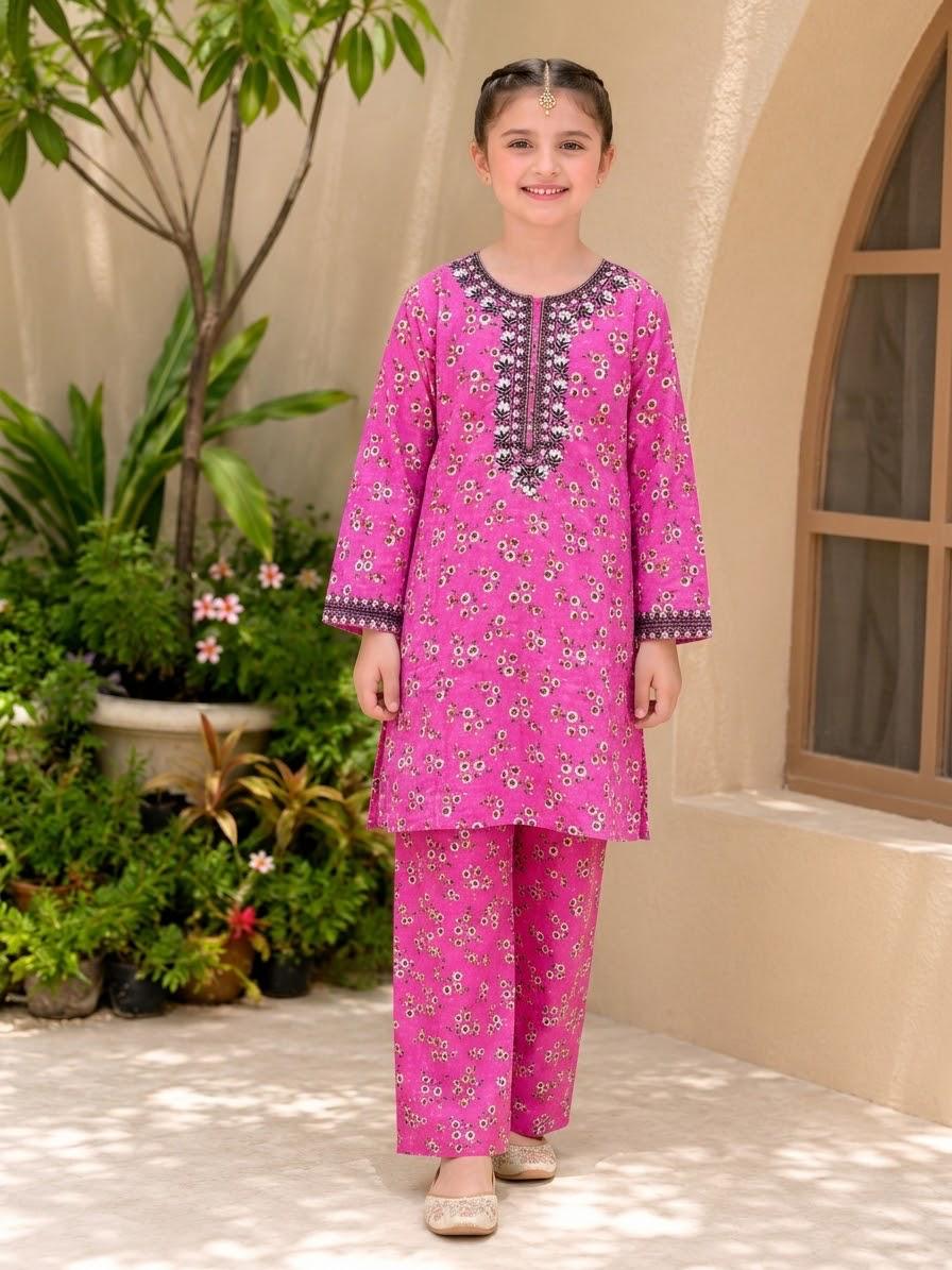 Pink Floral Embroidered 2-Piece Suit for Girls