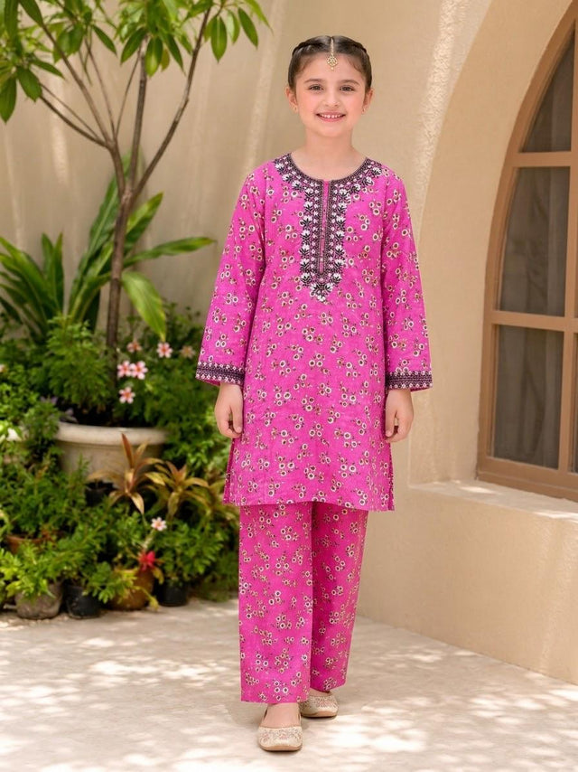 Pink Floral Embroidered 2-Piece Suit for Girls
