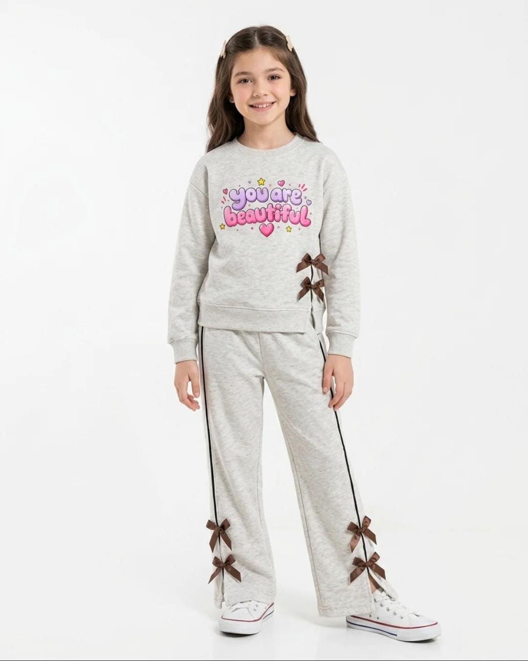 Grey "You Are Beautiful" Fleece-Lined Tracksuit for Girls